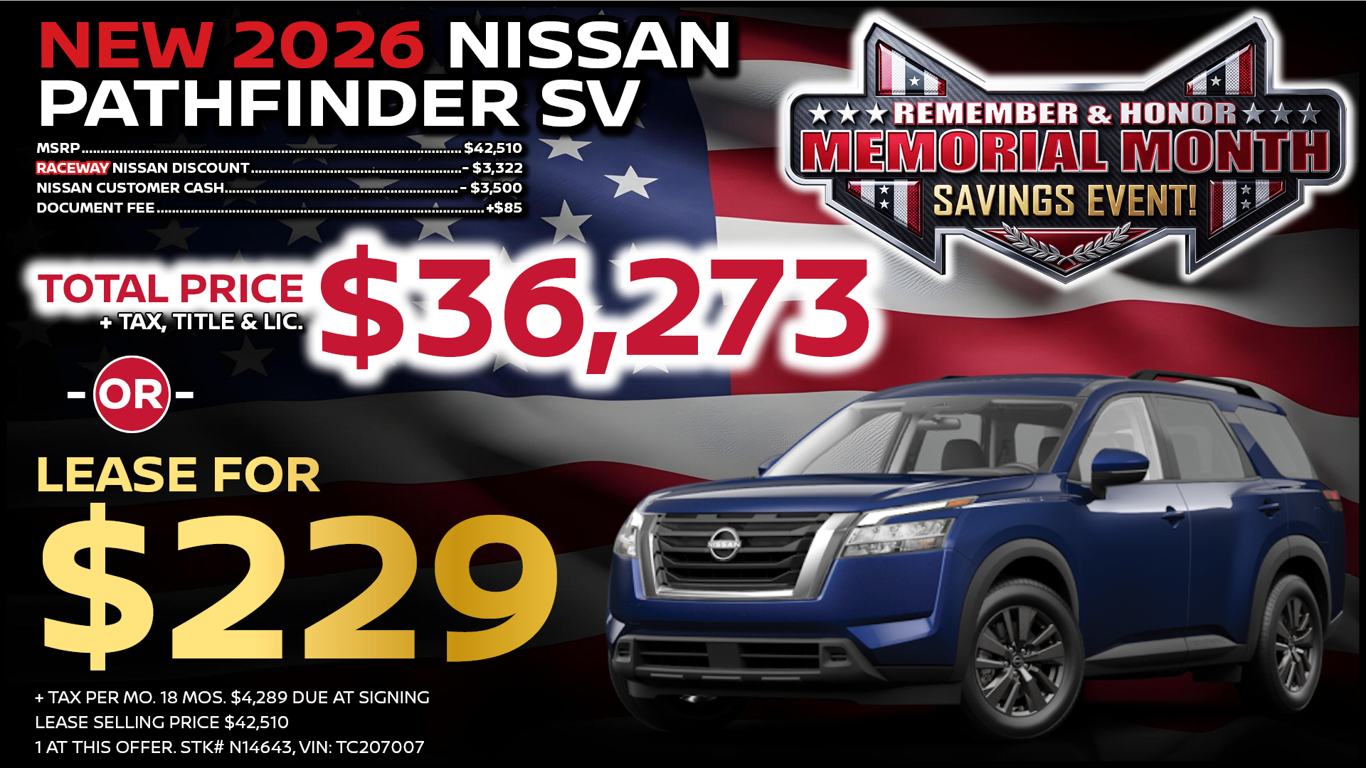 2026 Nissan Pathfinder SV Lease Special