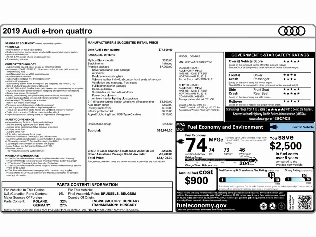 Used 2019 Audi e-tron Prestige with VIN WA1VAAGE0KB022656 for sale in Trooper, PA