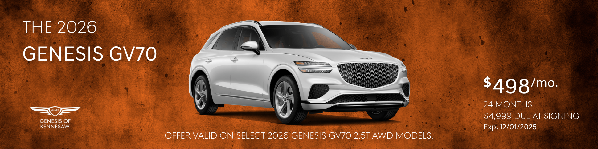 Genesis GV70 Banner. Limited Availability. Preproduction model with optional features shown.