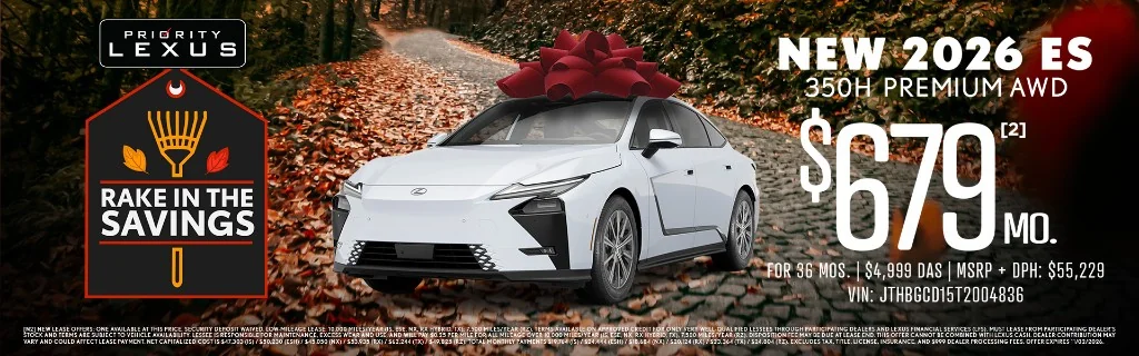Priority Lexus Rake in the Savings banner: white 2026 Lexus ES 350h Premium AWD with red gift bow, autumn leaf path background, lease monthly payment offer.