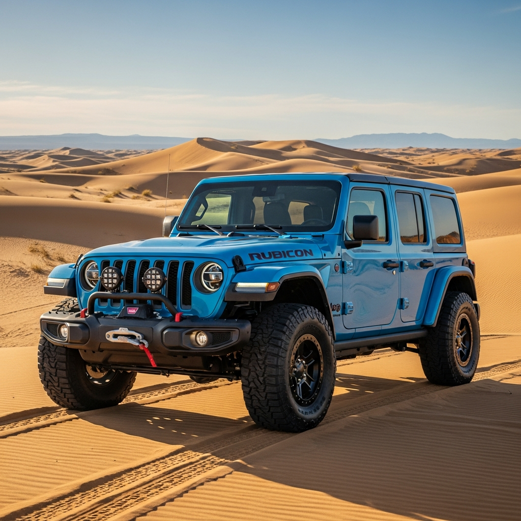Jeep Wrangler Rubicon X driving across a desert landscape at sunset