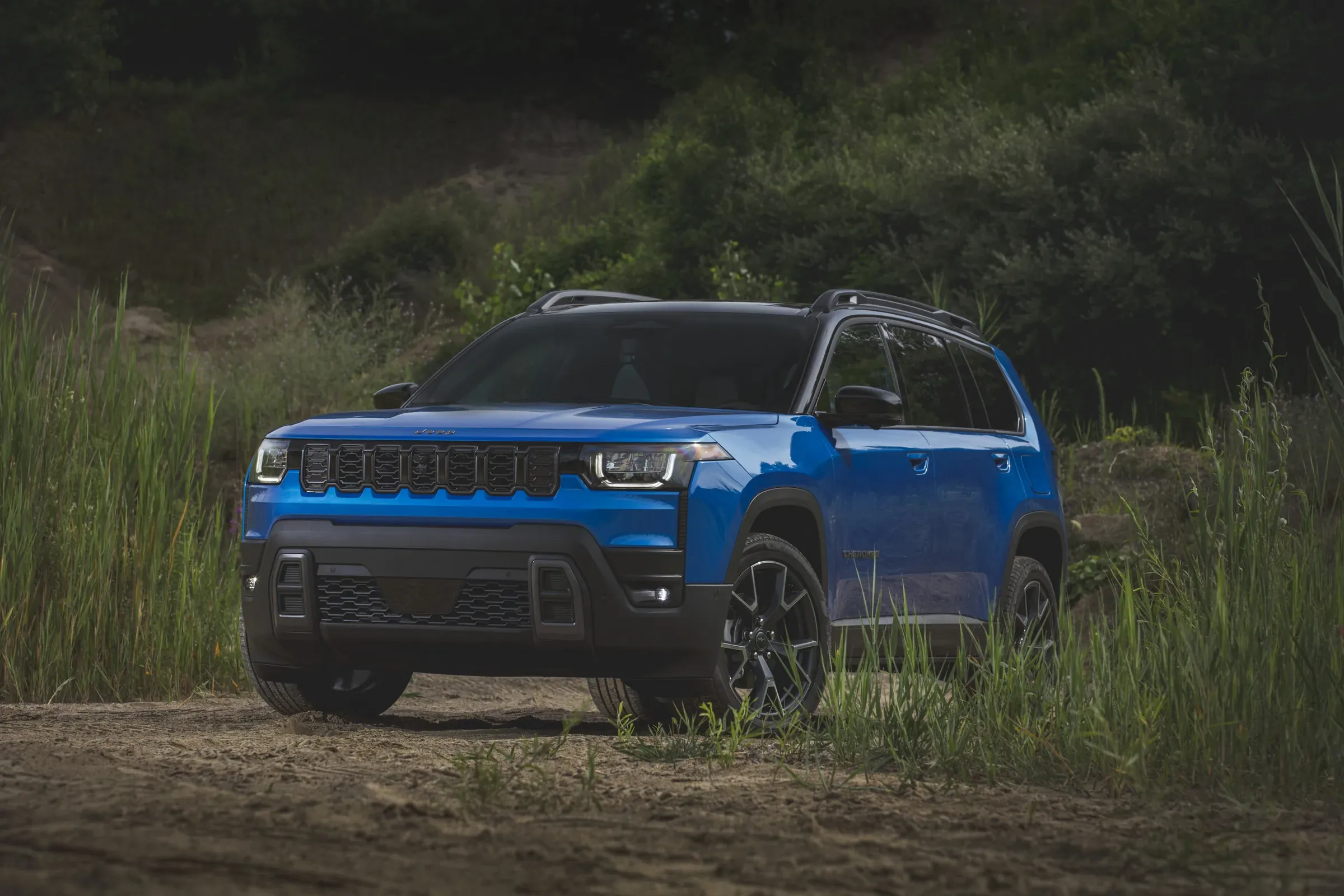 2026 Blue Jeep Cherokee parked in tall grass at dusk, shown from the front three-quarter angle