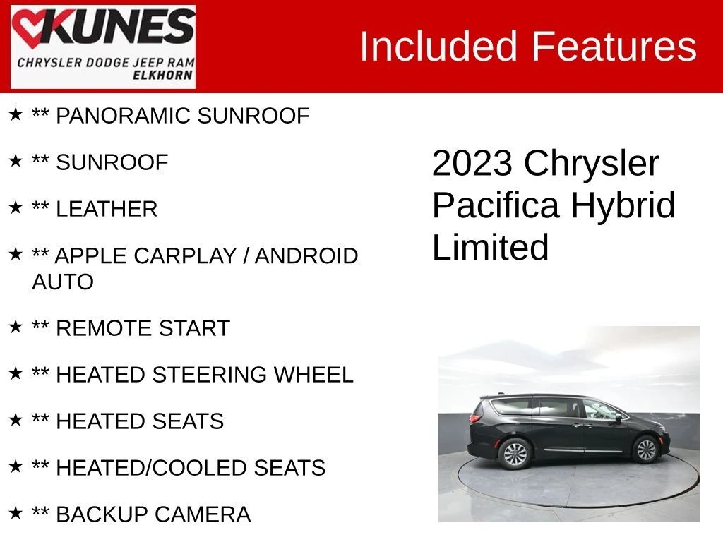 Used 2023 Chrysler Pacifica Hybrid Limited with VIN 2C4RC1S70PR630566 for sale in Elkhorn, WI