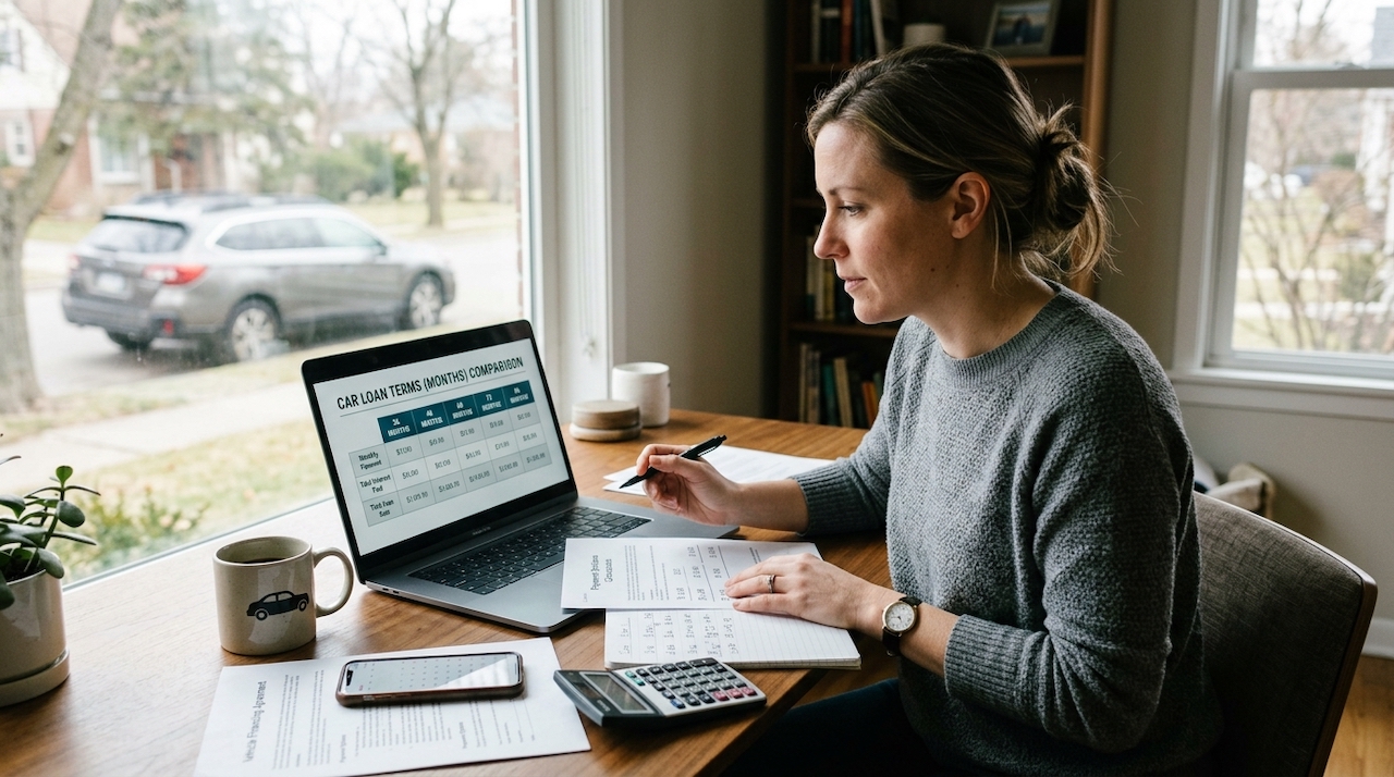 Woman research car loan terms
