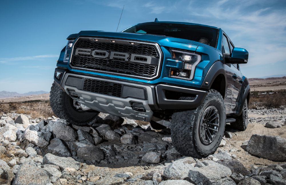 front view of a blue 2021 Ford F-150 Raptor