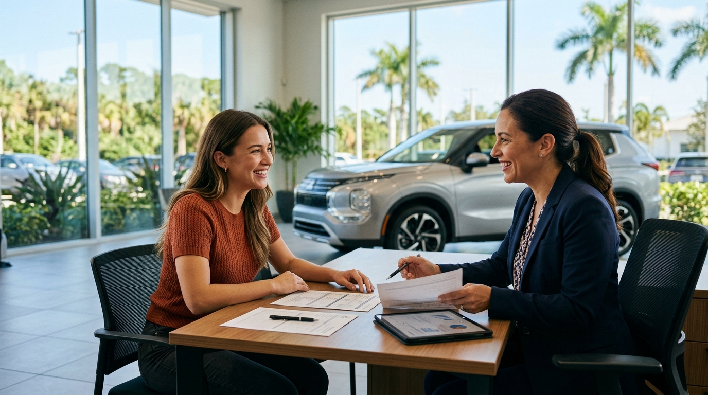 A woman sitting across from a car dealership agent at a desk discussing vehicle financing paperwork. (Representative image for illustration purposes only. Actual vehicle may vary based on trim and configuration.)