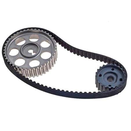 Engine timing belt wrapped around two toothed pulleys