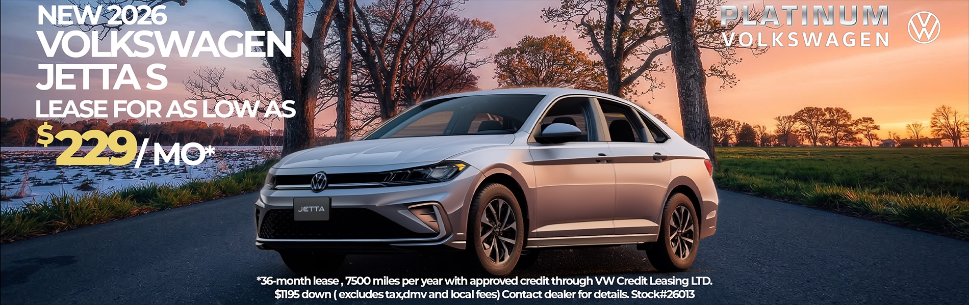 2026 Volkswagen Jetta S sedan lease offer $229 per month at Platinum Volkswagen dealership in Hicksville Long Island NY