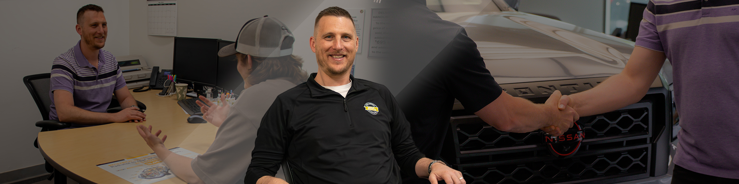 Jarrod Fawcett, Sales Team Lead at Boulder Nissan, meeting with a customer and shaking hands near a Nissan vehicle, representing trust and personalized sales guidance.