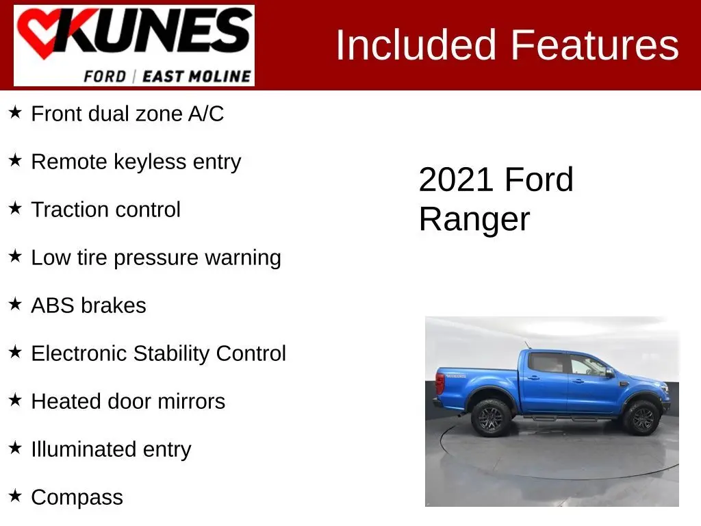 Used 2021 Ford Ranger Lariat with VIN 1FTER4FH3MLD60349 for sale in East Moline, IL