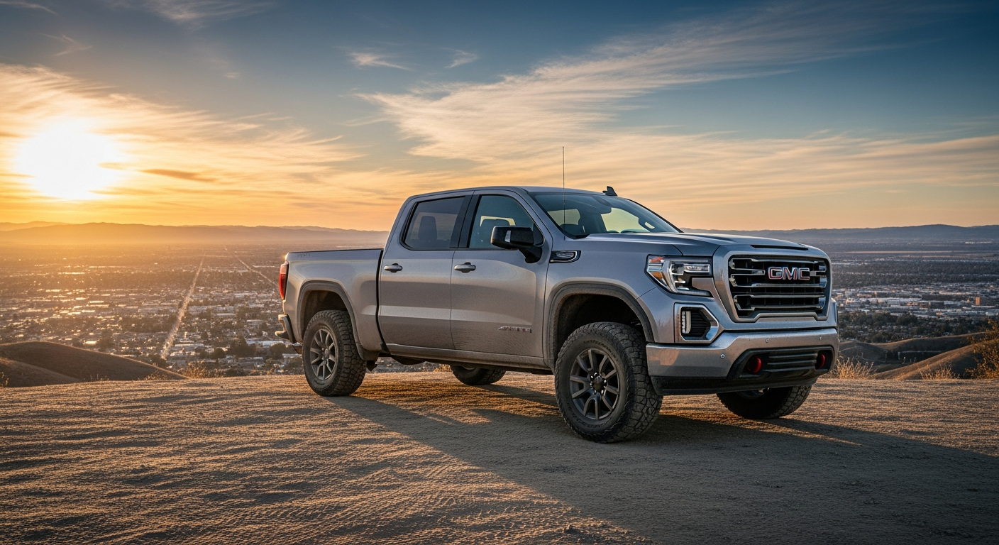 Used GMC Sierra style pickup truck on open road at sunset