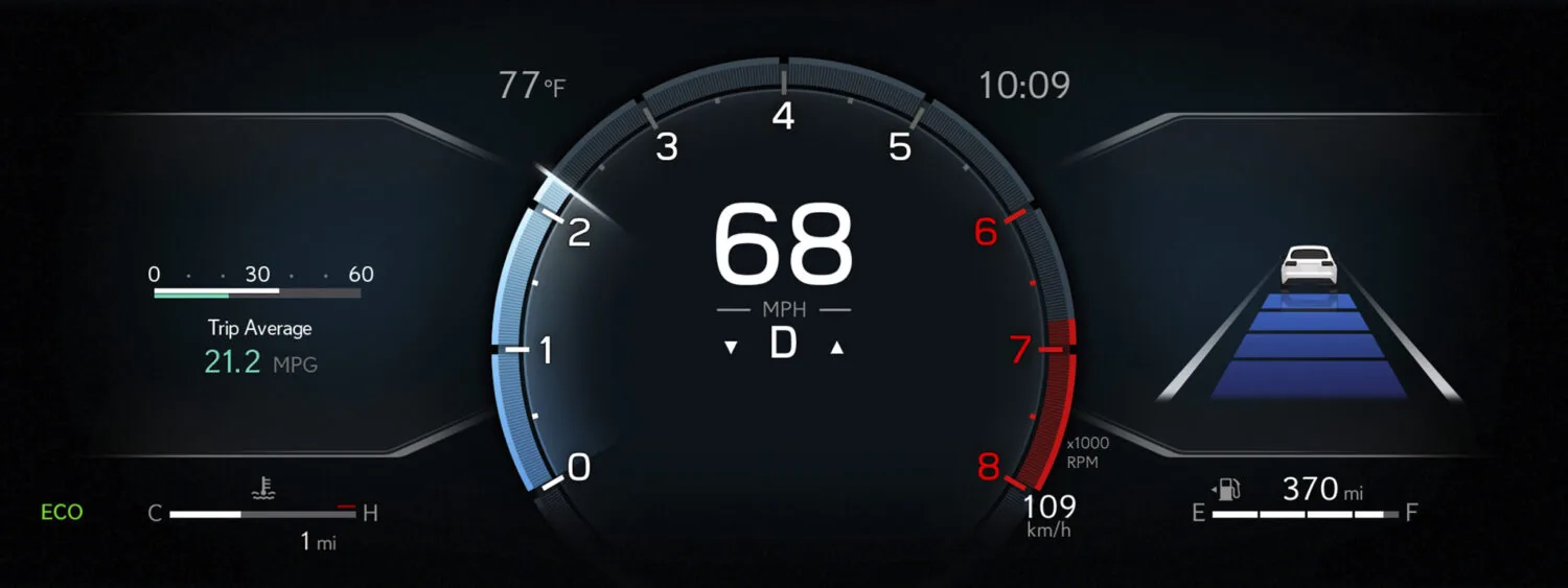 Point-of-view from the driver's seat of a Lexus showing hands on the steering wheel with the Lexus logo, a digital speedometer reading 60 mph, and an infotainment screen displaying a music playlist, with a sunset over a winding road ahead.