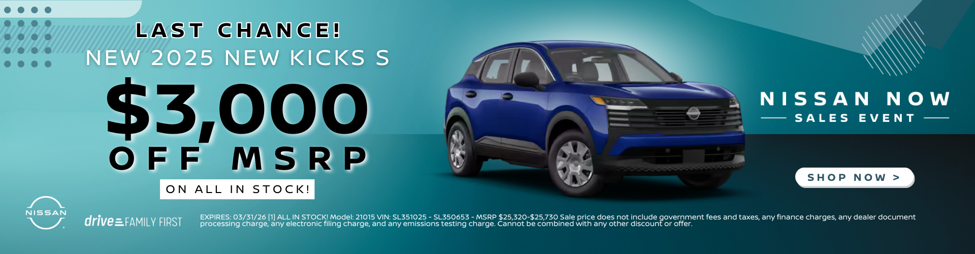 2026 Kicks S $3000 off MSRP Offer 