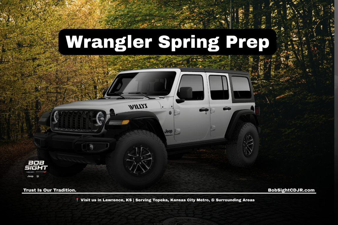 Jeep Wrangler in Lawrence KS prepared for spring driving at Bob Sight CDJR serving Douglas County and Kansas City Metro drivers