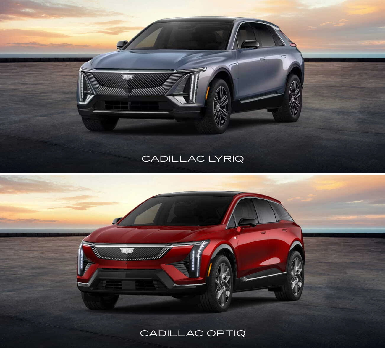 A gray Cadillac LYRIQ and a red Cadillac OPTIQ shown from front three-quarter angles against a sunset background.
