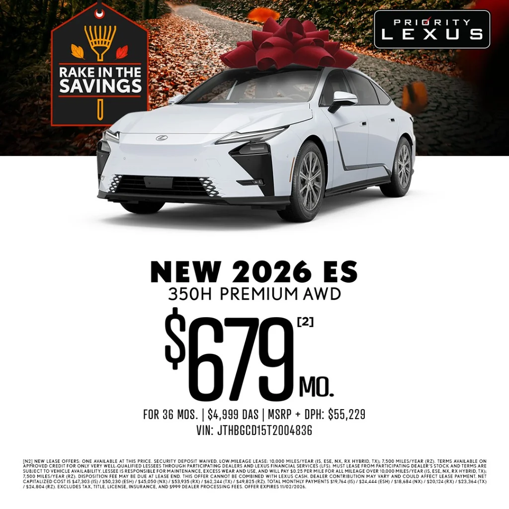 Priority Lexus Rake in the Savings banner: white 2026 Lexus ES 350h Premium AWD with red gift bow, autumn leaf path background, lease monthly payment offer.