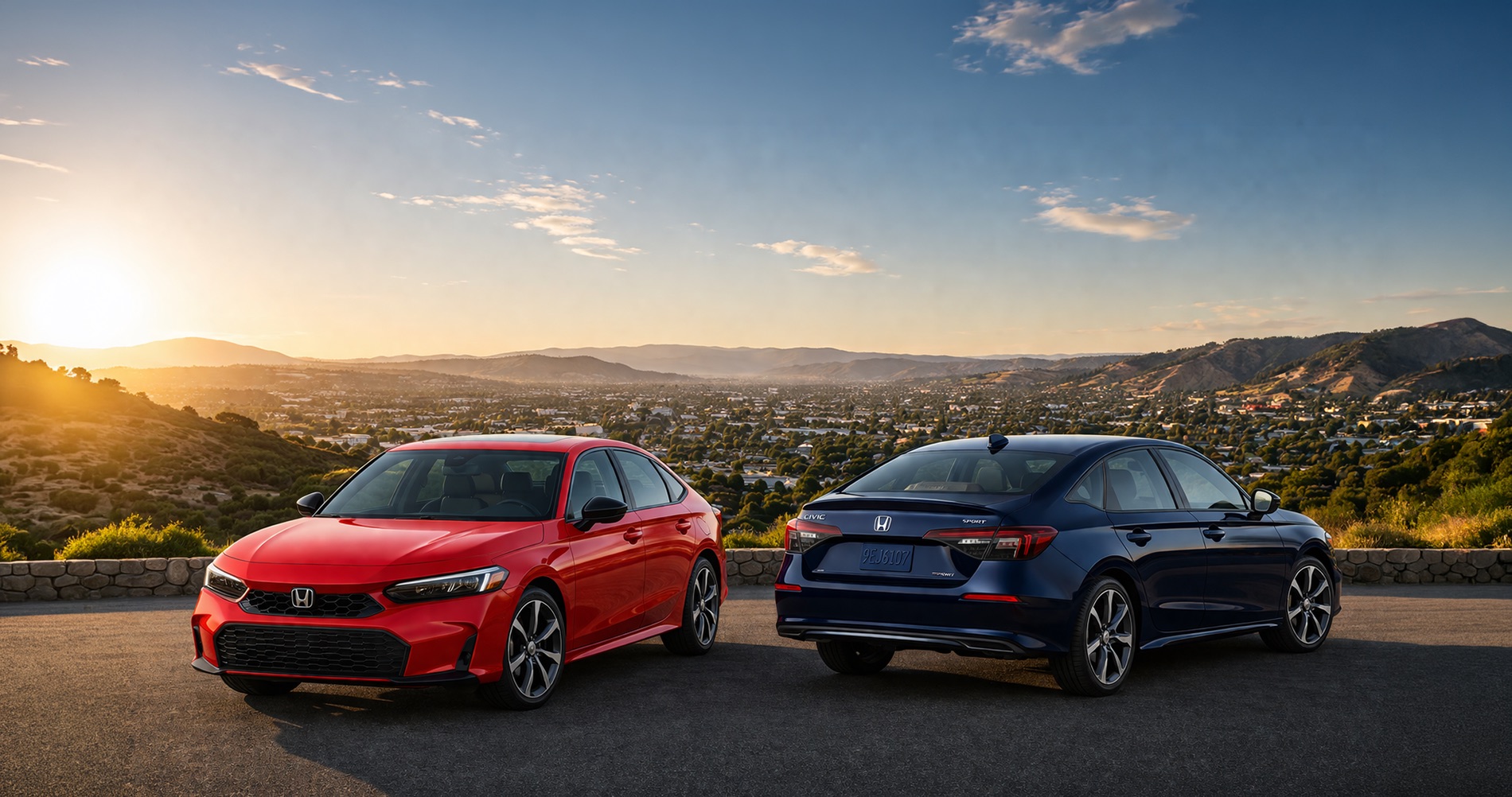 Red 2026 Honda Civic Sedan and navy blue 2026 Honda Civic Sedan parked at a scenic Tracy, California overlook during golden hour, with sweeping Central Valley views, rolling hills, and suburban valley landscape in the background.