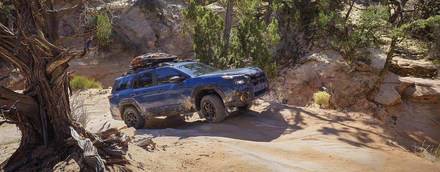 Blue 2026 Subaru Outback driving on a trail.