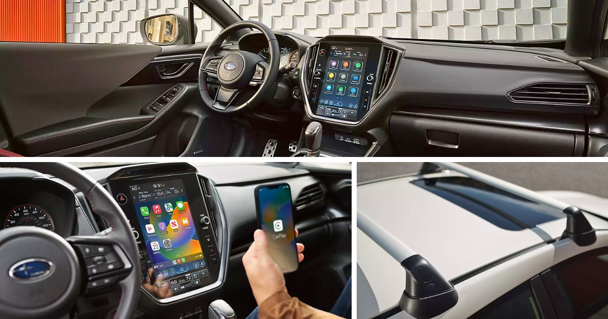 Some of the standard features in the 2026 Impreza RS: 11.6-inch touchscreen, wireless Apple CarPlay, and roof crossbar mounting points