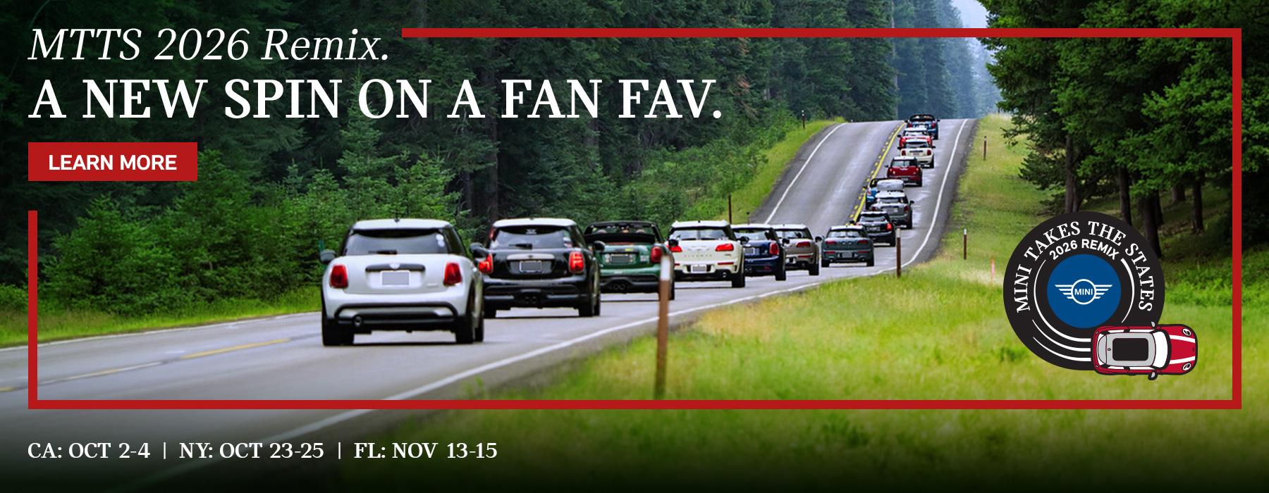 Banner for MINI Takes the States 2026 Remix showing MINI vehicles on a scenic drive and listing event dates in California, New York, and Florida.