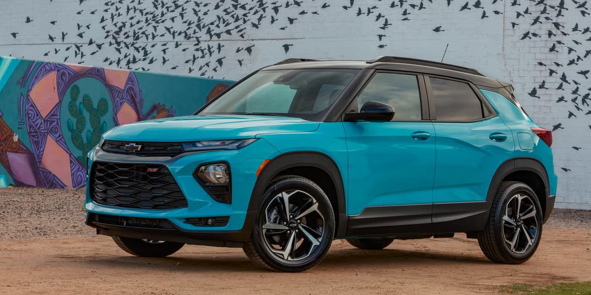 A blue 2021 trailblazer parked.