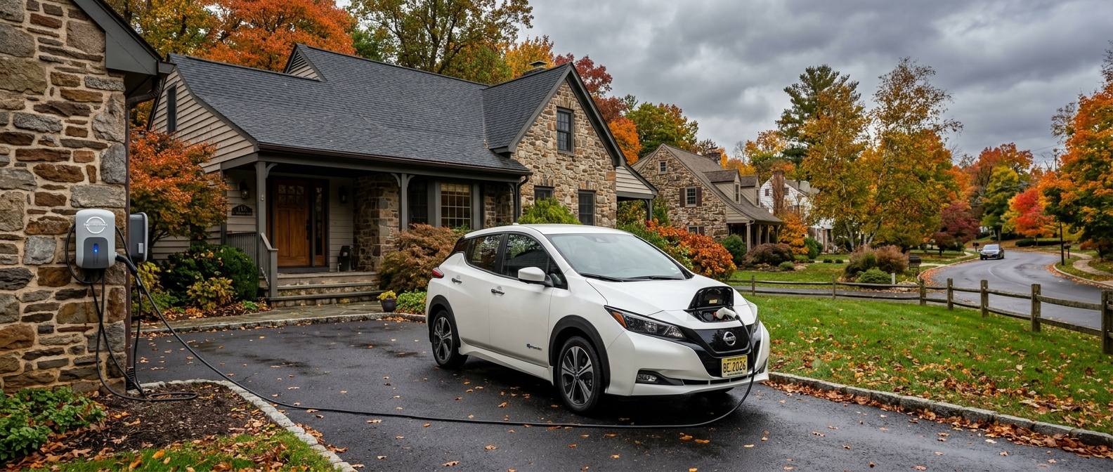 2026 Nissan Leaf plugged into a Level 2 home charger on a suburban Bucks County driveway
