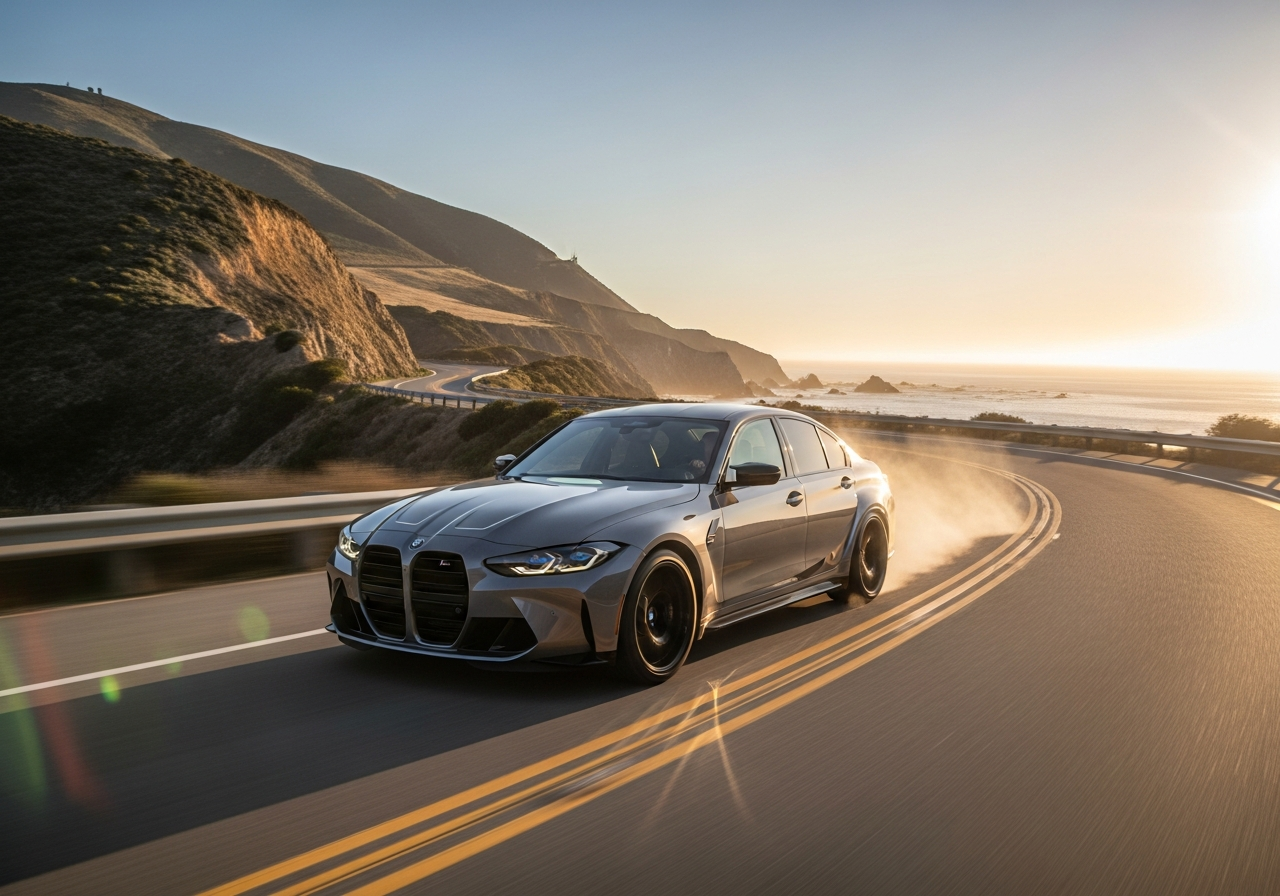 BMW driving along a scenic coastal road.