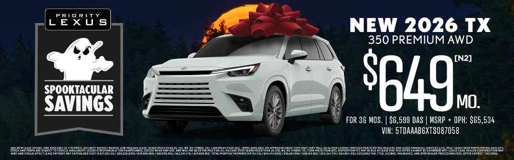 Priority Lexus Newport News Spooktacular Savings banner: white 2026 TX 350 Premium AWD with red bow under harvest moon, $649/mo lease offer.