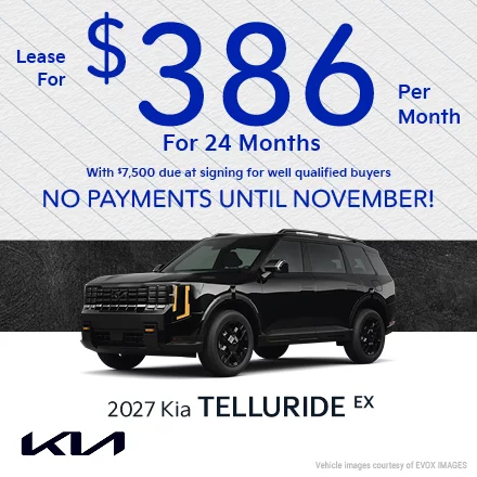 2027 Kia Telluride EX Lease for $386 per month for 24 months with $7,500 due at signing for well qualified buyers