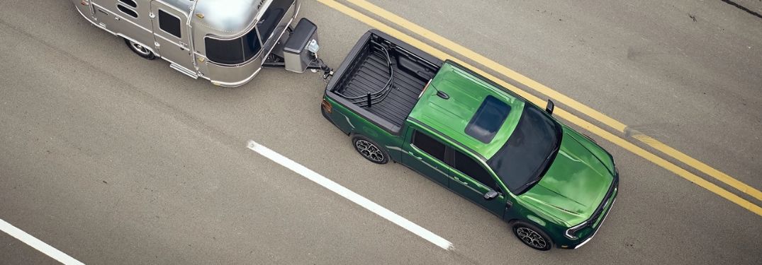 Overhead View of Green 2025 Ford Maverick Towing a Trailer