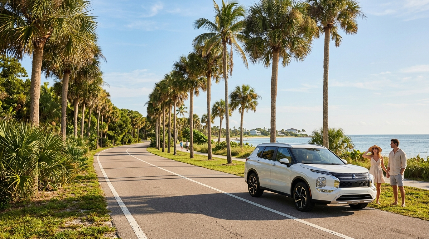 White Mitsubishi SUV parked along a palm tree-lined coastal road with a couple standing beside it. (Representative image for illustration purposes only. Actual vehicle may vary based on trim and configuration.)