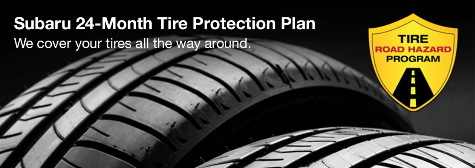 Subaru tire with 24-Month Tire Protection and road hazard program logo.