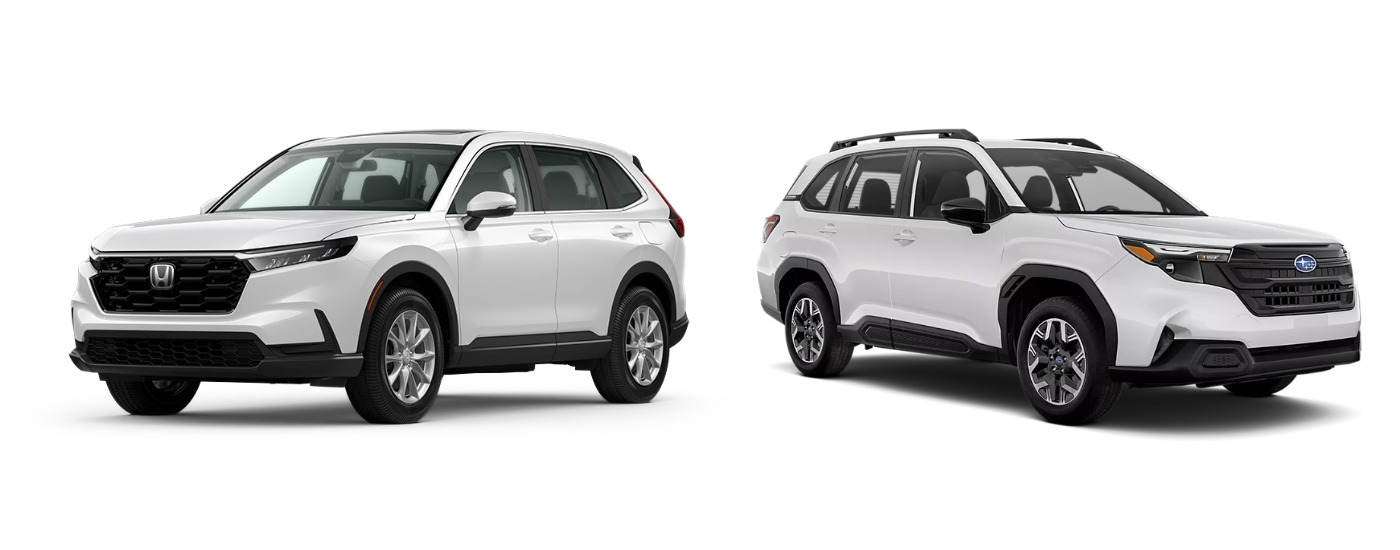 White 2026 Honda CR-V EX angled left and white 2026 Subaru Forester angled right