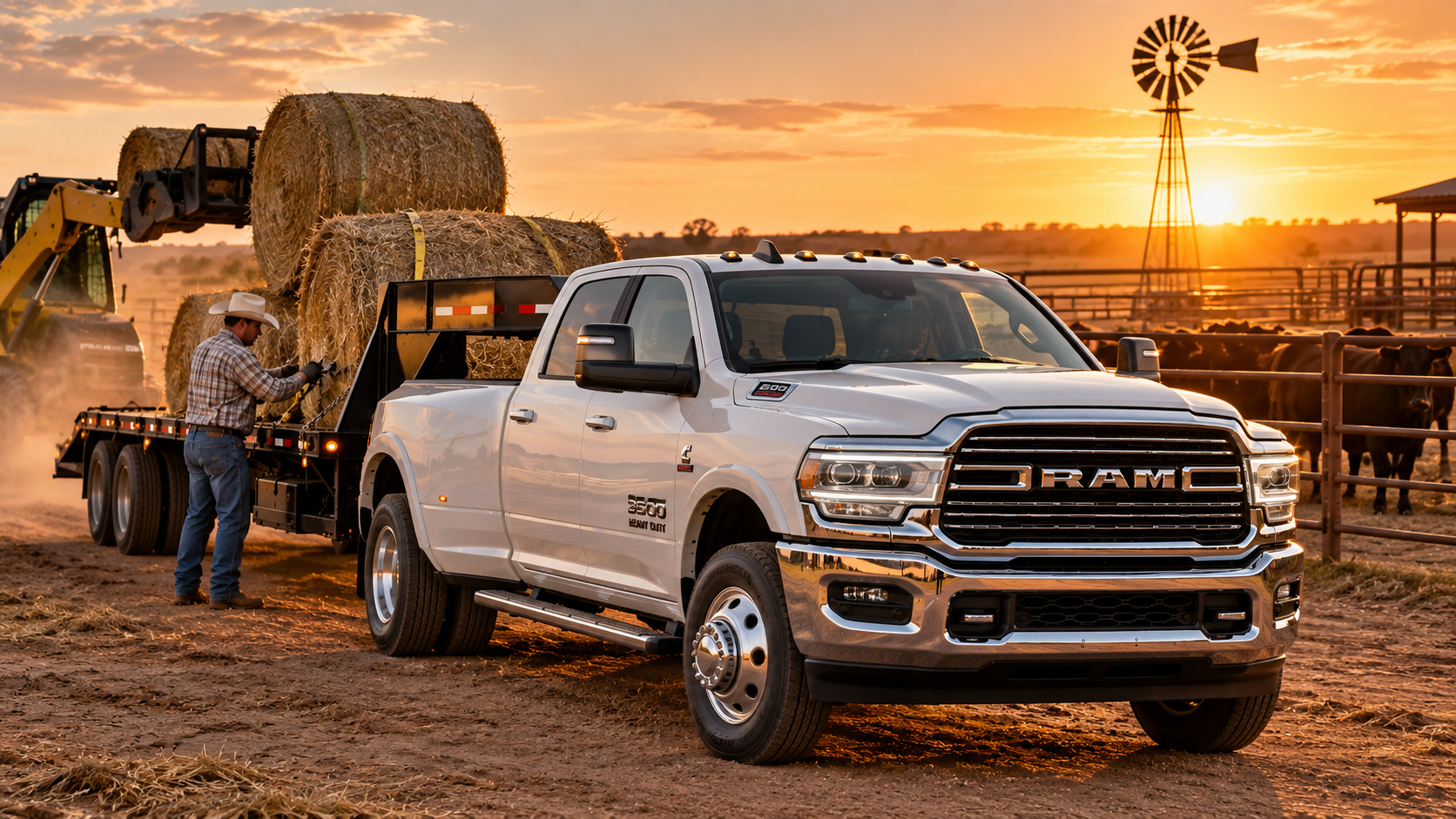 RAM 3500 Heavy Duty diesel truck hauling hay on a ranch for farm and agricultural work