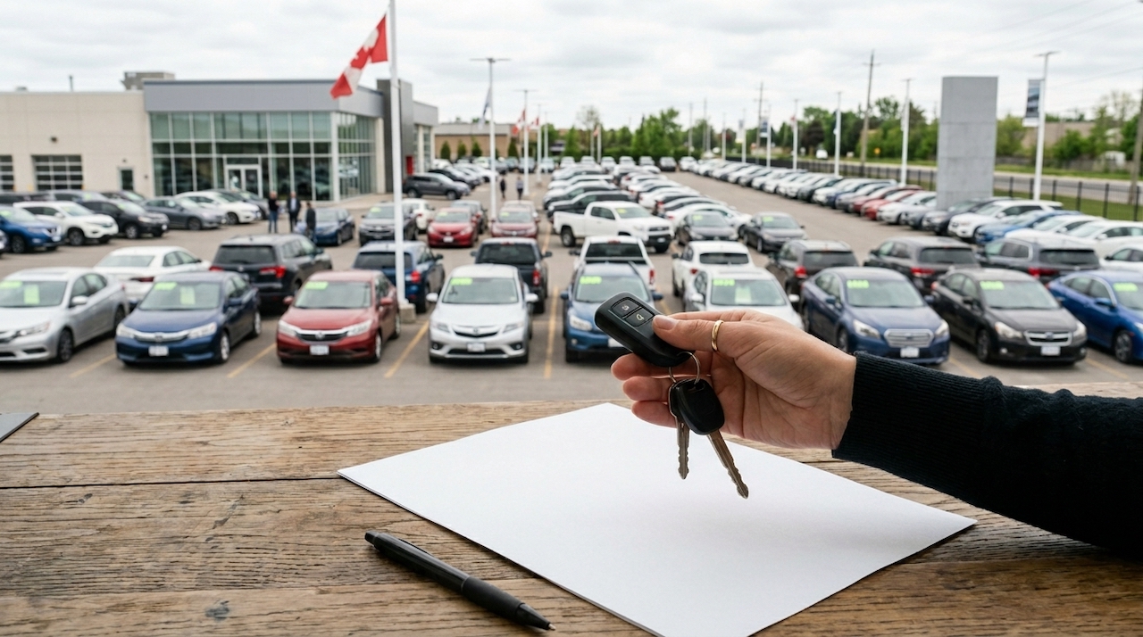 Holding car keys at an ontario car dealership