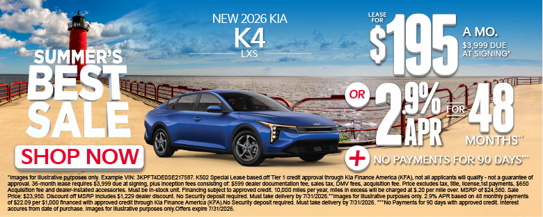 NEW 2026 Kia k4 LXS	"LEASE FOR $195/MONTHS with $3,999 due at signing* OR 2.9% APR for 48 months** PLUS, NO PAYMENTS FOR 90 DAYS***"