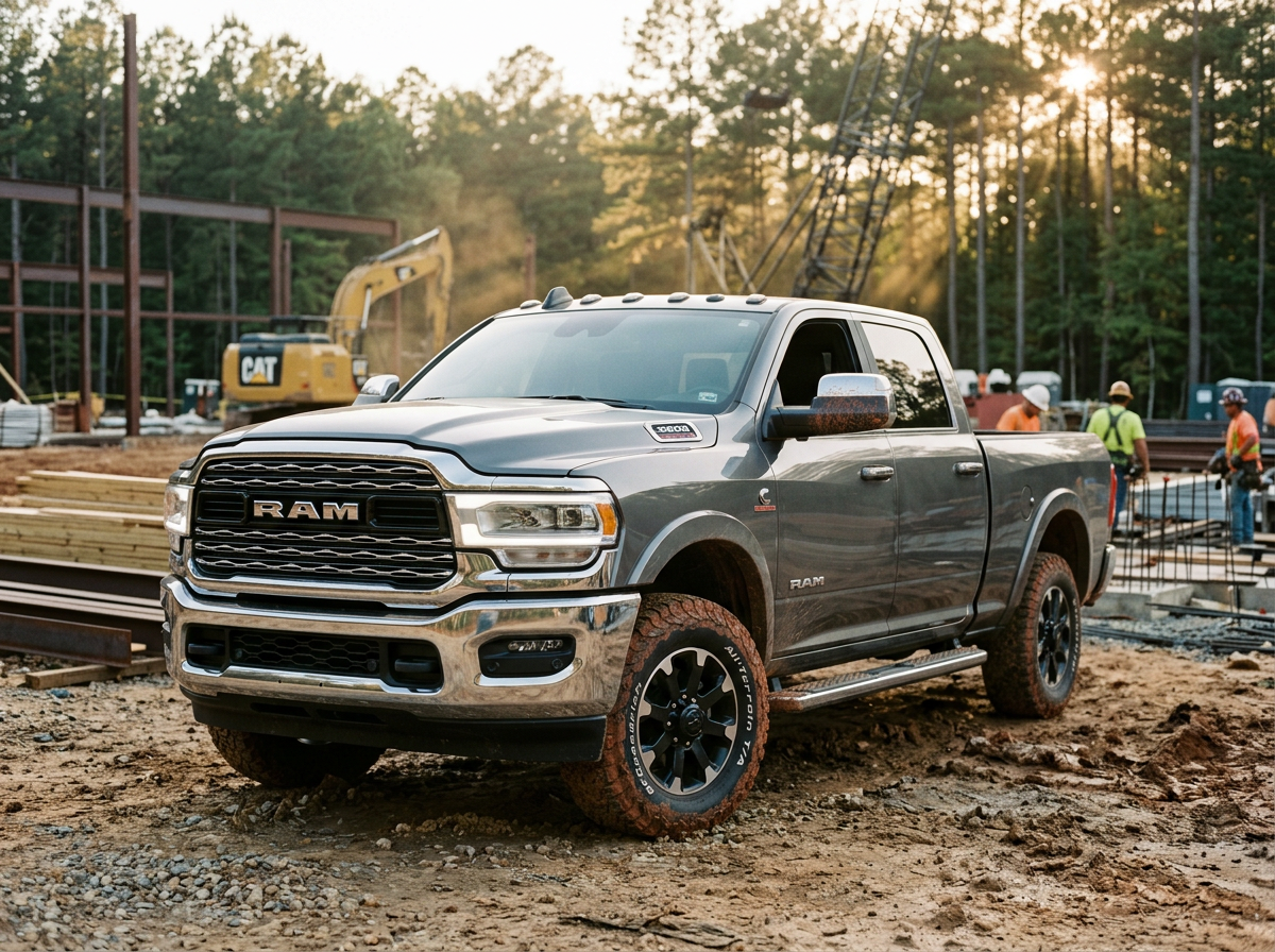 Heavy-duty pickup truck parked on a worksite