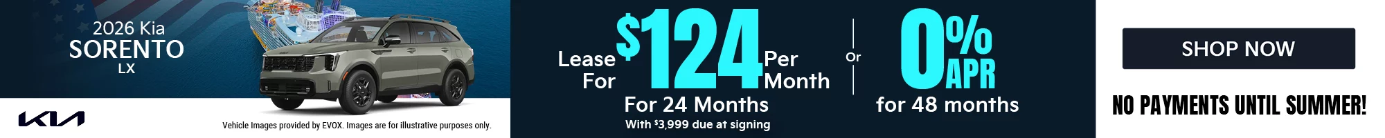 2026 Kia Sorento LX Lease for $124 per month with $5,999 due at signing Or 0.0% APR for 48 months