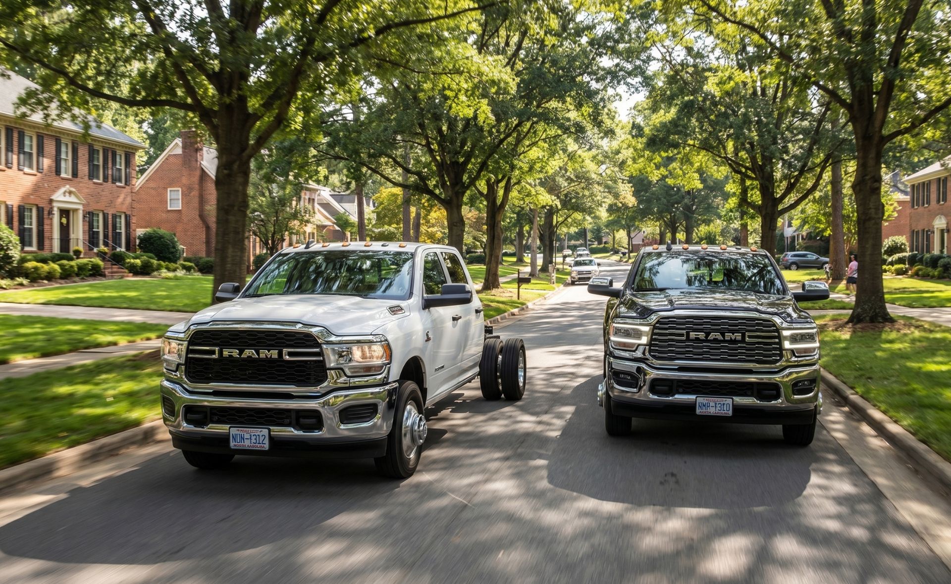 A white Ram chassis cab truck and a black Ram dually pickup truck driving side-by-side down a tree-lined residential street in a suburban neighborhood on a sunny day.