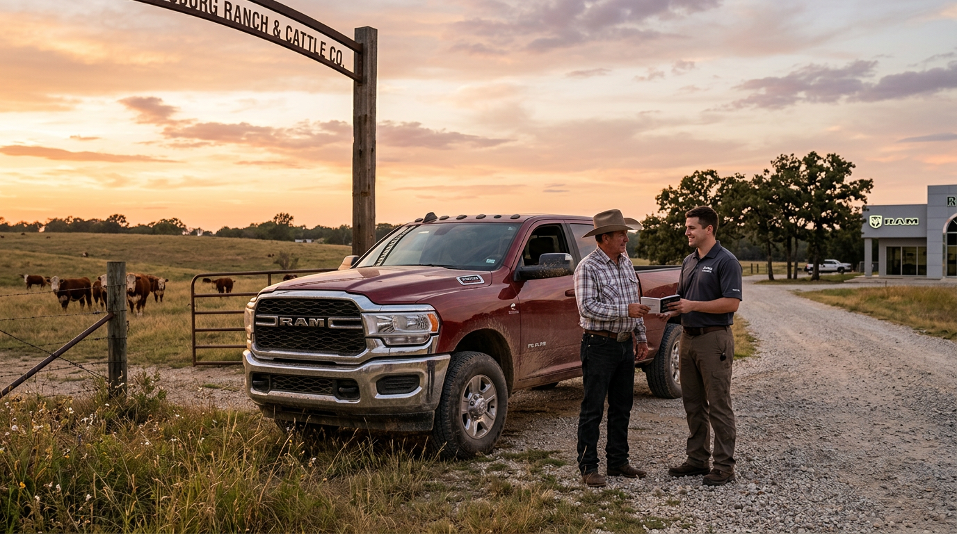 Lineup of pickup trucks at a Texas Ram dealership