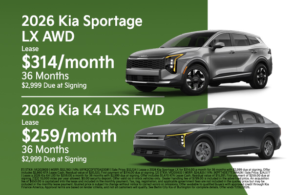 New 2026 Kia Sportage LX AWD & New 2026 Kia K4 LXS FWD