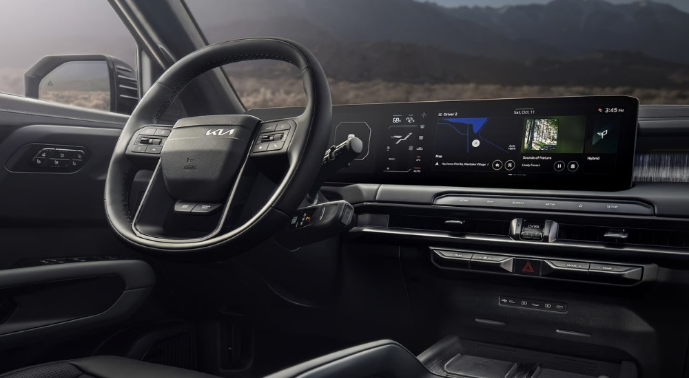 Black interior and infotainment screen in a 2027 Kia Telluride
