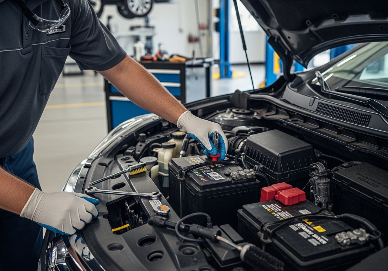 Mechanic replacing a Nissan car battery in a dealership service bay