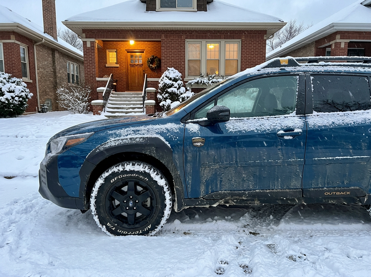 Snow-covered car with windshield partially cleared during winter