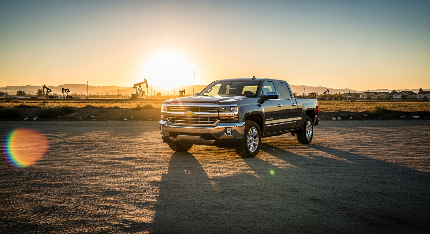 Chevy Silverado pickup truck on an open road at sunset