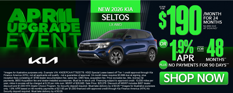 NEW 2026 Kia Seltos LX AWD	"LEASE FOR $190/MO with $3,999 due at signing* OR 1.9% APR for 48 months** PLUS, NO PAYMENTS FOR 90 DAYS***"