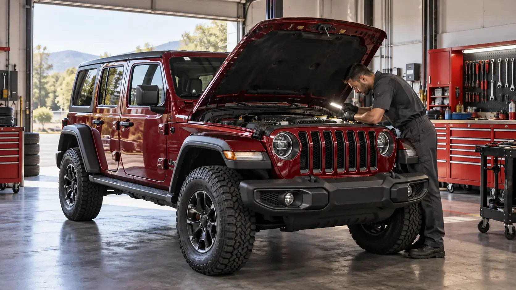 Illustration of a technician inspecting a red Jeep Wrangler with its hood open in a service bay