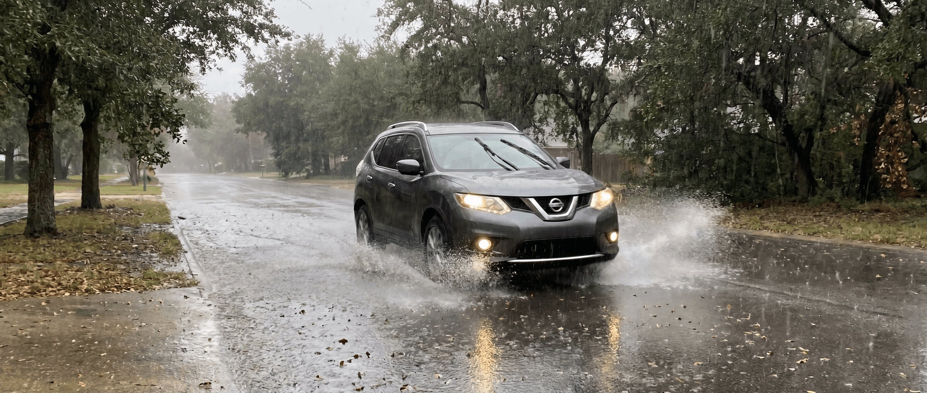 Nissan vehicle with all-season tires driving through rain in Roswell, GA