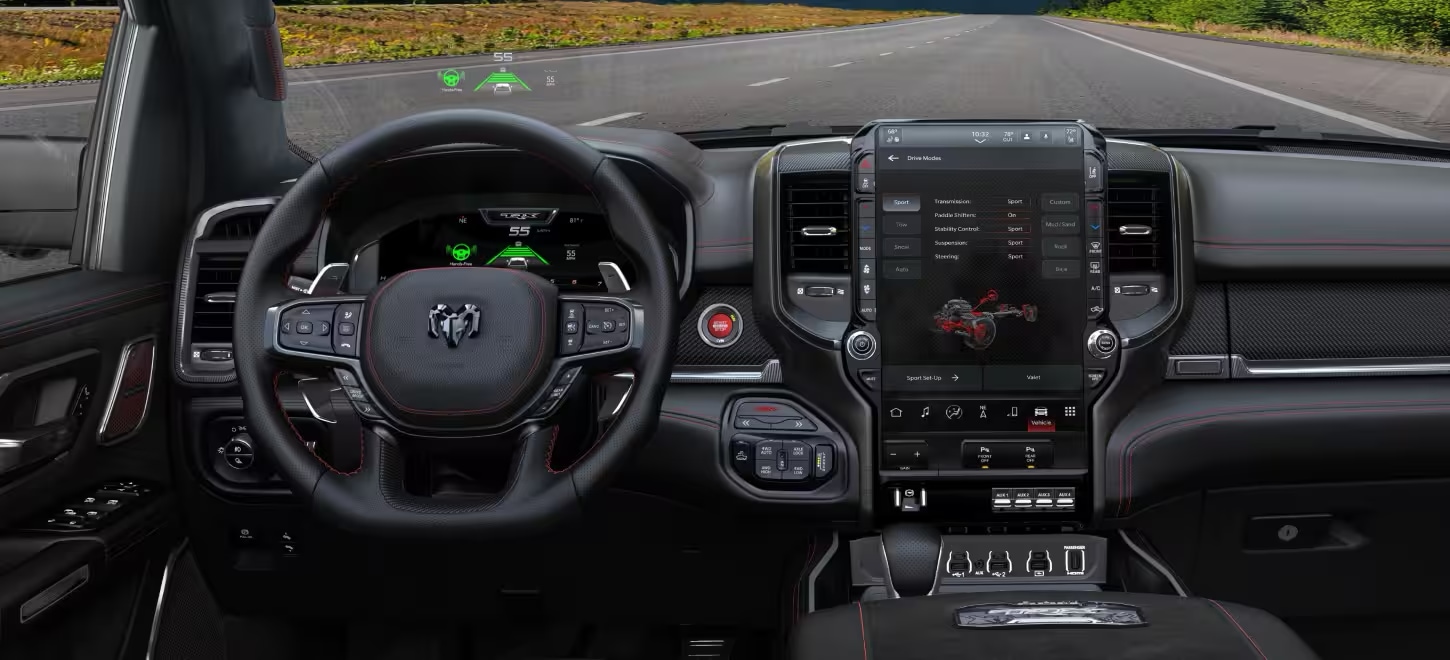 2027 Ram 1500 TRX SRT cockpit with head-up display, digital cluster and 14.5-inch Uconnect 5 touchscreen