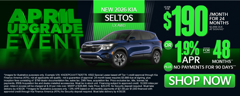 NEW 2026 Kia Seltos LX AWD	"LEASE FOR $190/MO with $3,999 due at signing* OR 1.9% APR for 48 months** PLUS, NO PAYMENTS FOR 90 DAYS***"